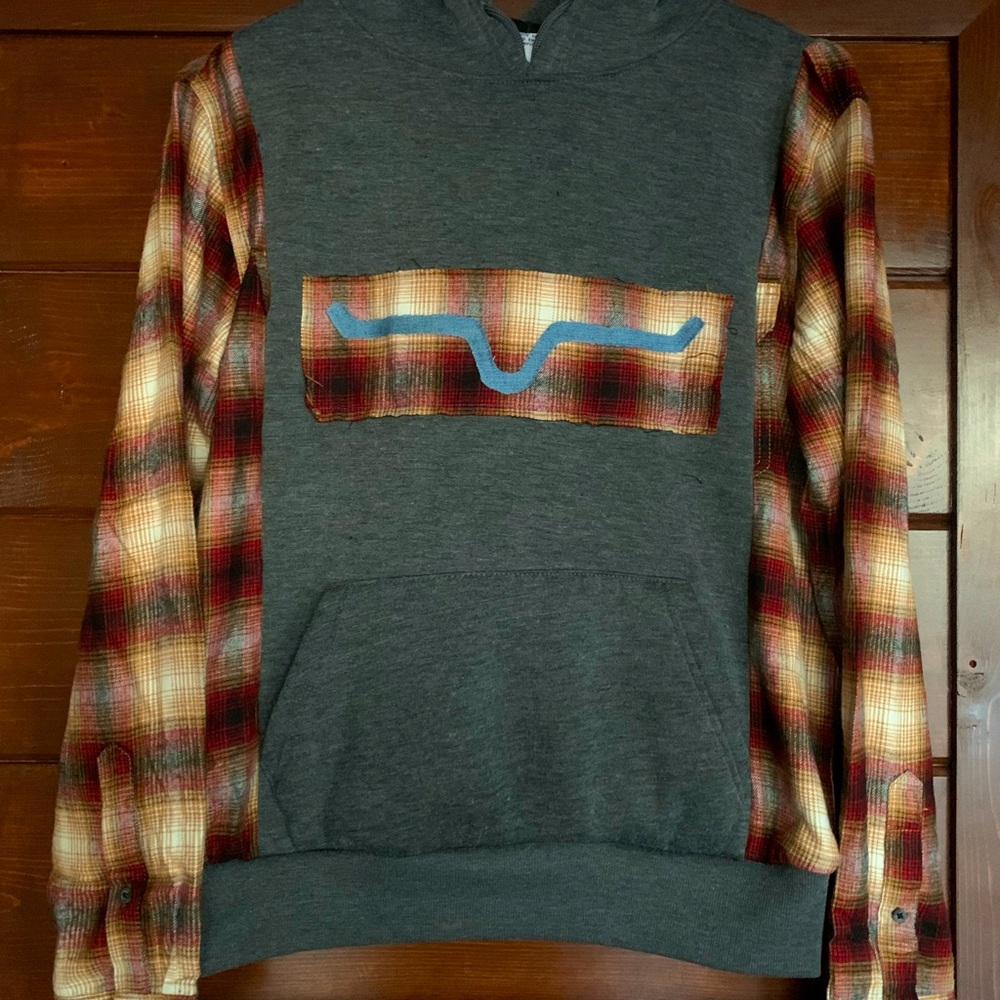 Women’s size small grey and plaid up-cycled western “Kimes” hoodie.